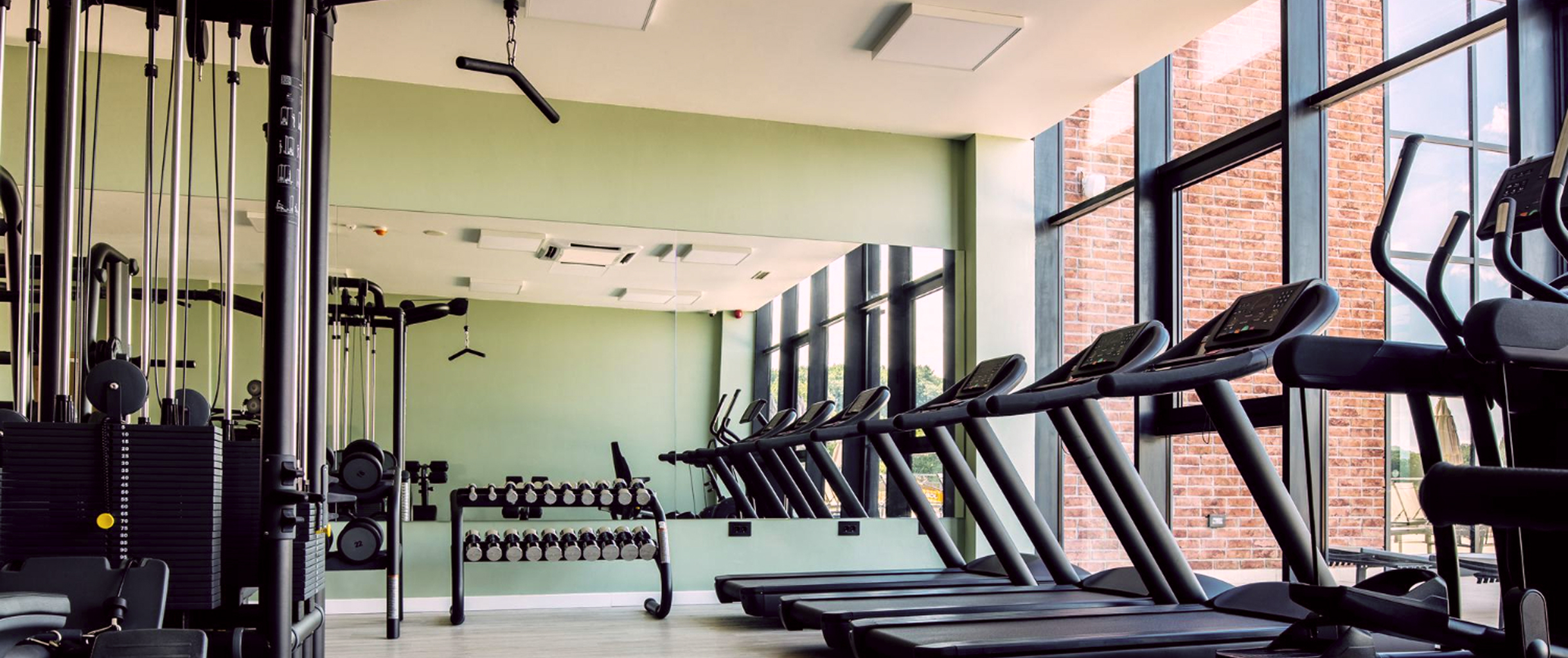 Фитнес зал, беговые дорожки, гантели и современные тренажеры